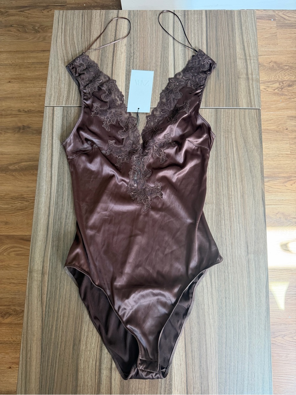 Zara Chocolate Brown Satin Lace-Trim Bodysuit - Picture 10 of 12